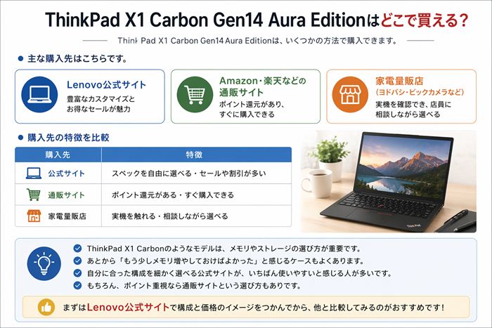 ThinkPad X1 Carbon Gen14 Aura Editionはどこで買える?